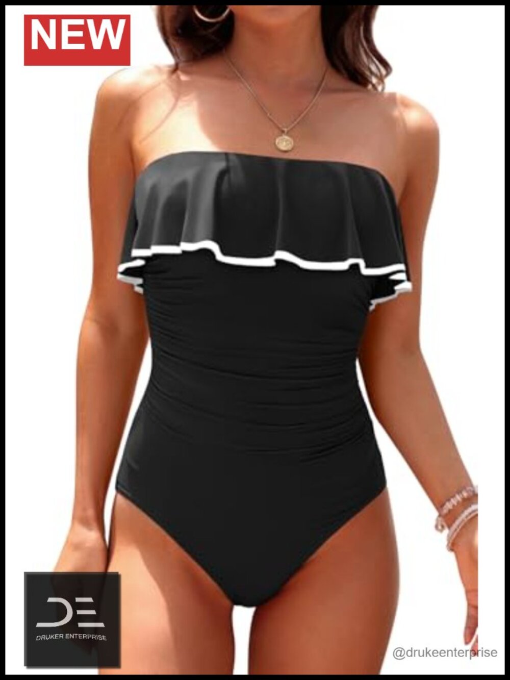 Strapless One Piece Swimsuit Tummy Control Bandeau Ruffle Slimming Bathing Suit - Picture 4 of 6